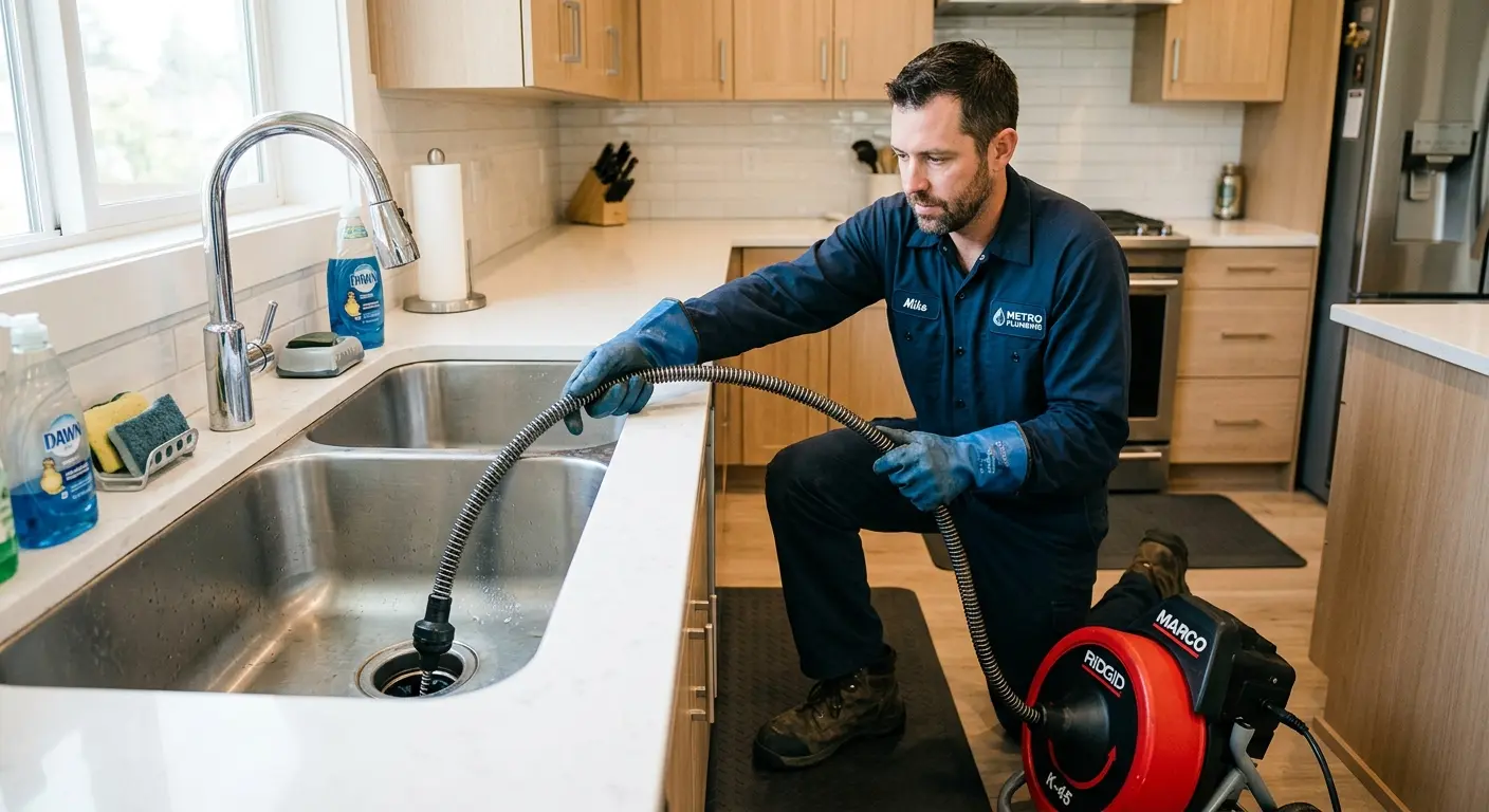 Drain cleaning technician using a motorized snake on a kitchen sink in Baltimore Highlands