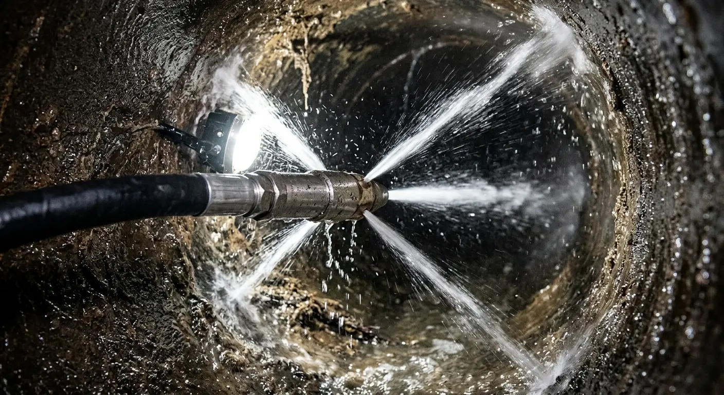 High-pressure hydro jetting nozzle cleaning sewer pipe for Trenchless Sewer Repair in Baltimore Highlands