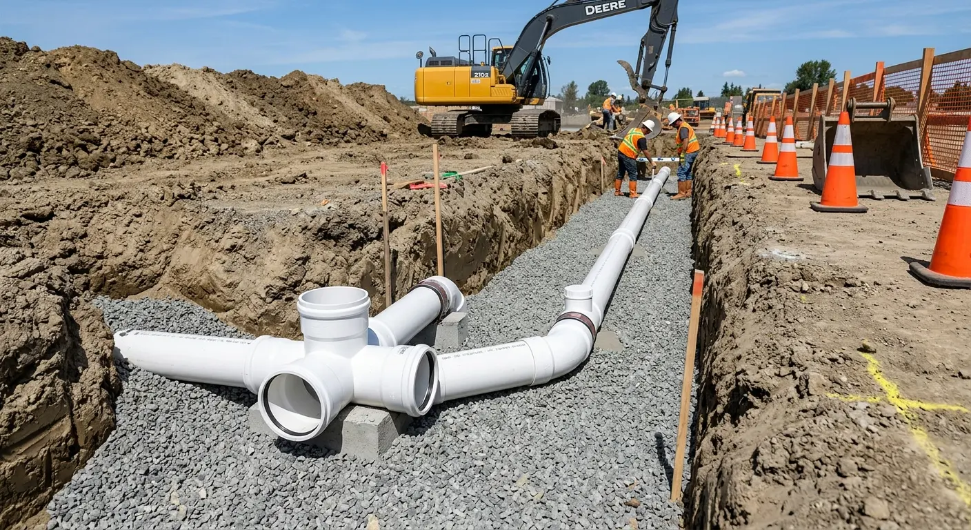 New PVC sewer pipe installation in open trench for Sewer Backup in Baltimore Highlands